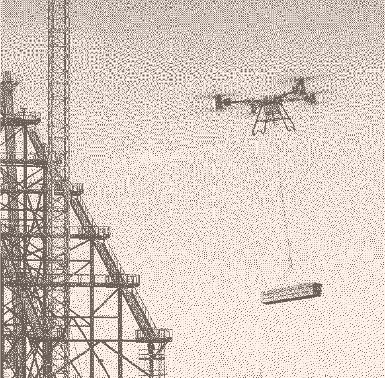 Drone carries building material across construction site.