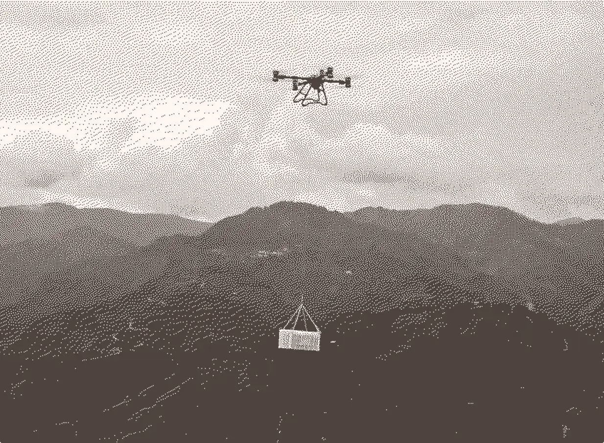 Heavy lift drone flying over mountains carrying equipment